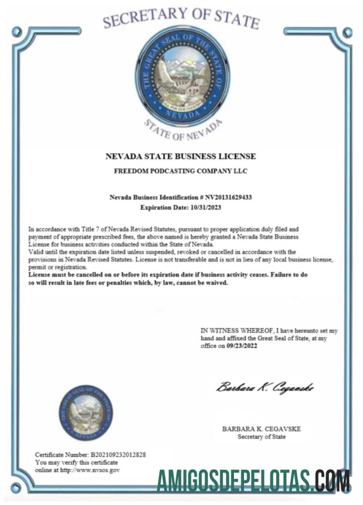 Certificado de licença comercial do estado de Nevada dos EUA em branco Modelo Word e PDF